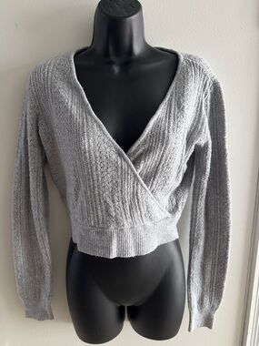 Cropped Grey V-Neck Wrap Sweater